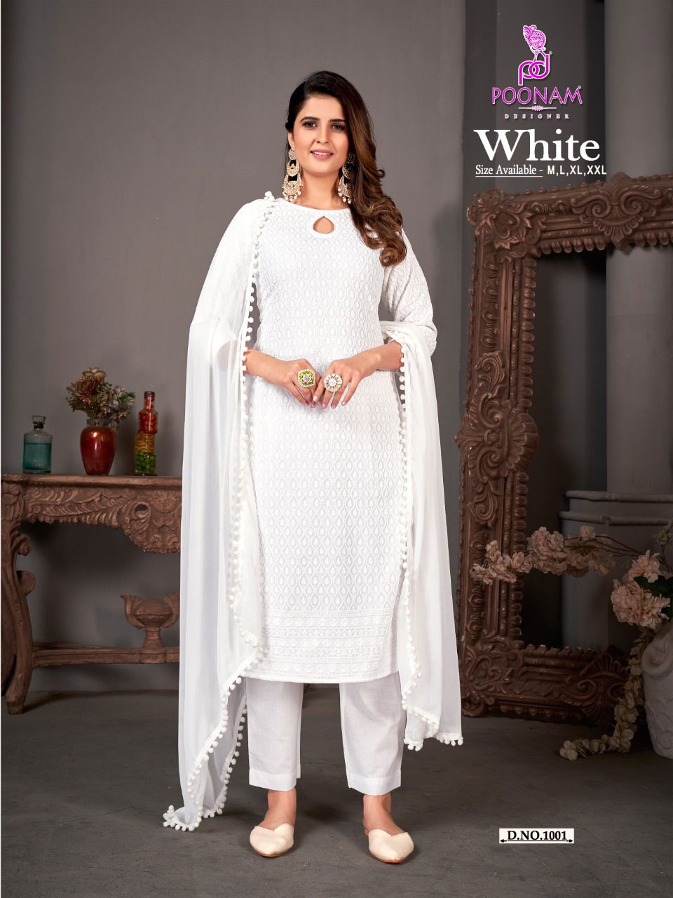 Poonam White Ethnic Wear Wholesale Designer Readymade Suit Catalog
